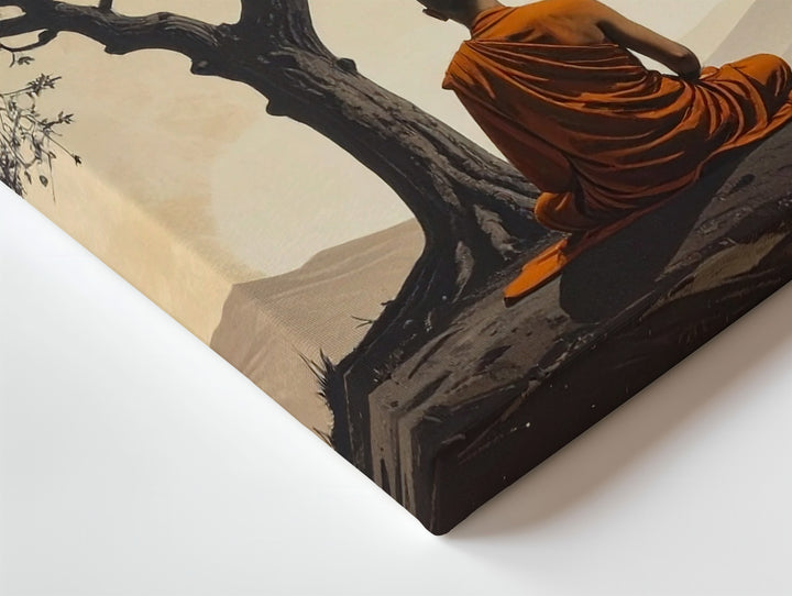 Meditating Monk Under Tree Canvas – Spiritual Stillness in Earthy Sepia Tones - Gifitto