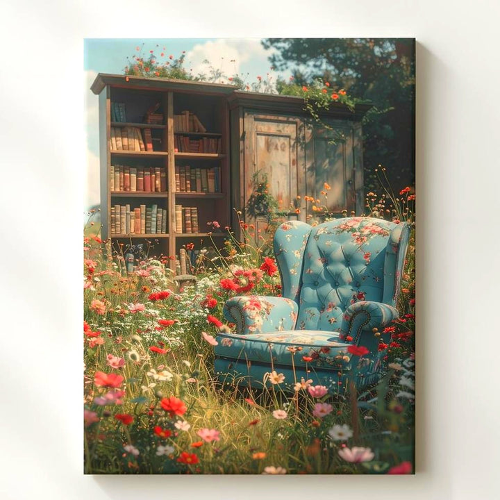 Whimsical Garden Reading Corner Canvas – Floral Armchair and Wooden Cabinet in Nature - Gifitto