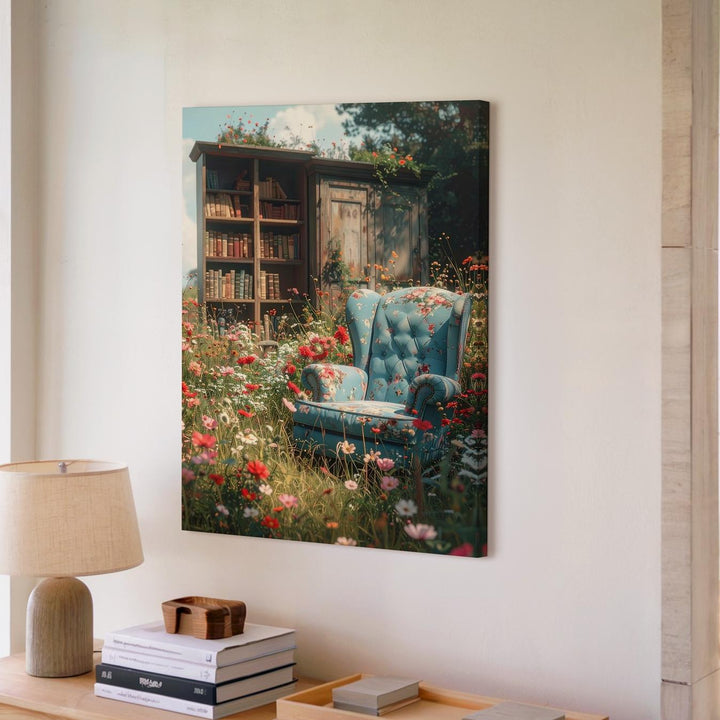 Whimsical Garden Reading Corner Canvas – Floral Armchair and Wooden Cabinet in Nature - Gifitto