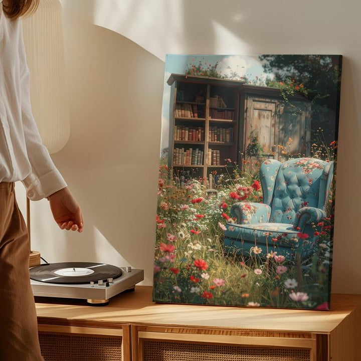 Whimsical Garden Reading Corner Canvas – Floral Armchair and Wooden Cabinet in Nature - Gifitto