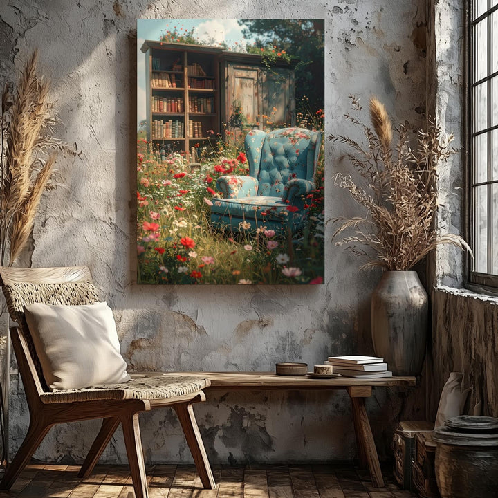 Whimsical Garden Reading Corner Canvas – Floral Armchair and Wooden Cabinet in Nature - Gifitto