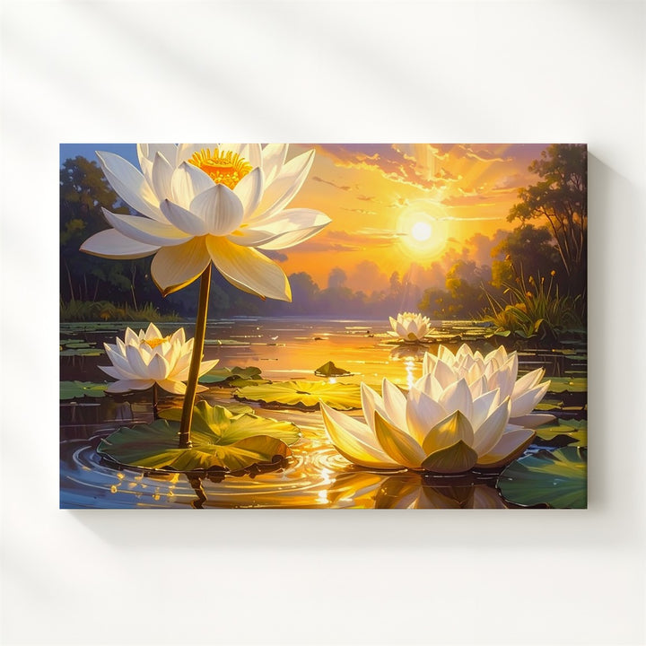 Golden Lotus Sunset Canvas – Serene Floral Art of Light, Purity & Reflection - Gifitto