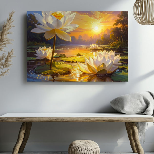 Golden Lotus Sunset Canvas – Serene Floral Art of Light, Purity & Reflection - Gifitto