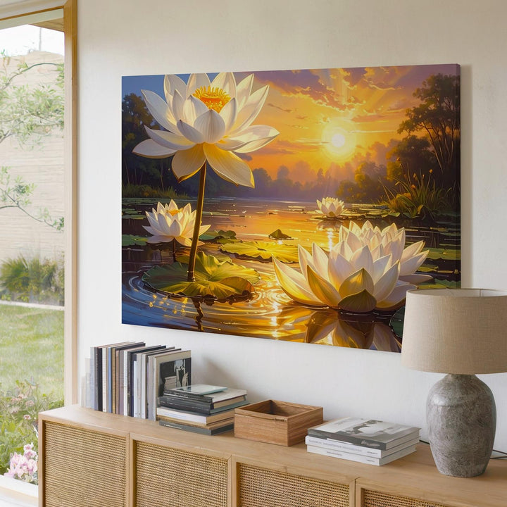 Golden Lotus Sunset Canvas – Serene Floral Art of Light, Purity & Reflection - Gifitto