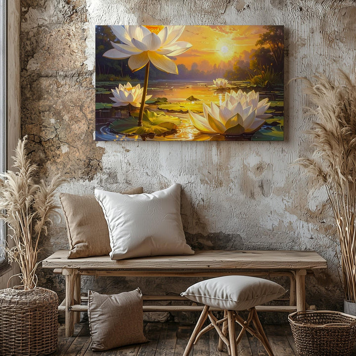 Golden Lotus Sunset Canvas – Serene Floral Art of Light, Purity & Reflection - Gifitto
