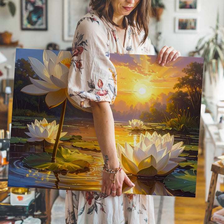 Golden Lotus Sunset Canvas – Serene Floral Art of Light, Purity & Reflection - Gifitto