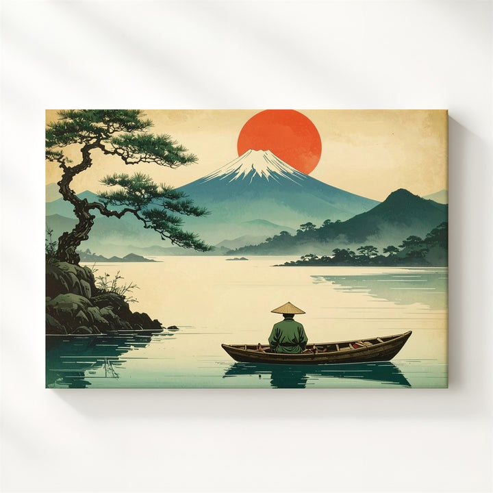 Vintage Fisherman & Fuji Canvas – Japanese Ink-Style Landscape of Solitude & Dawn - Gifitto