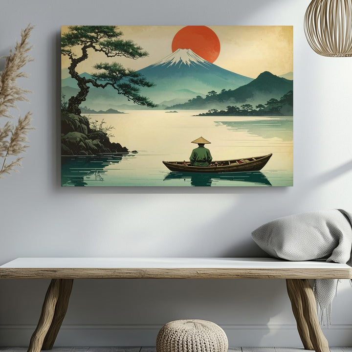 Vintage Fisherman & Fuji Canvas – Japanese Ink-Style Landscape of Solitude & Dawn - Gifitto