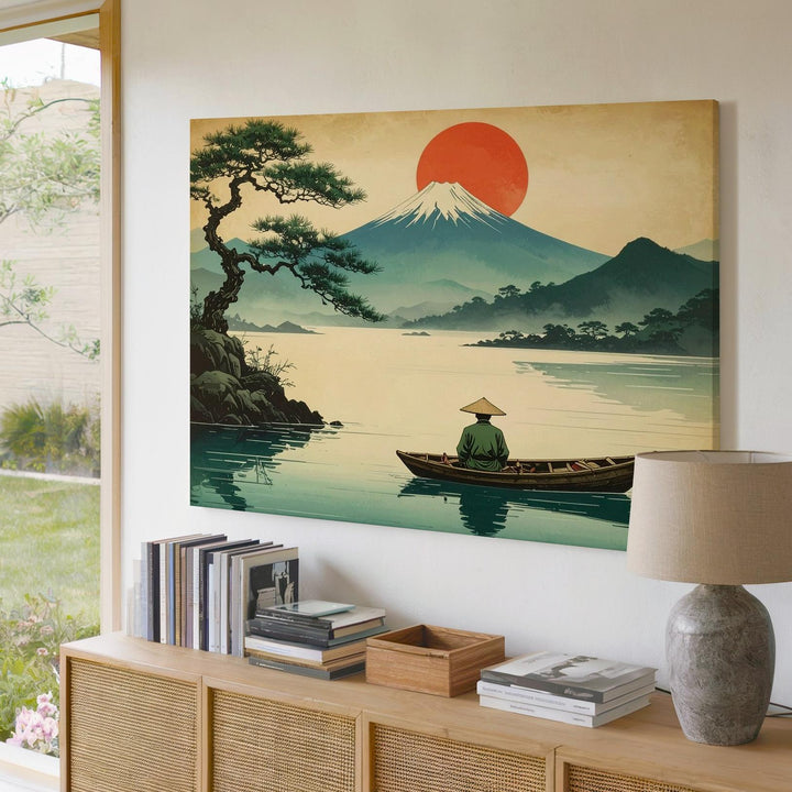 Vintage Fisherman & Fuji Canvas – Japanese Ink-Style Landscape of Solitude & Dawn - Gifitto