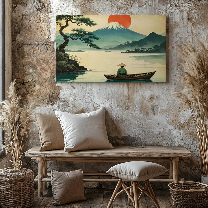 Vintage Fisherman & Fuji Canvas – Japanese Ink-Style Landscape of Solitude & Dawn - Gifitto