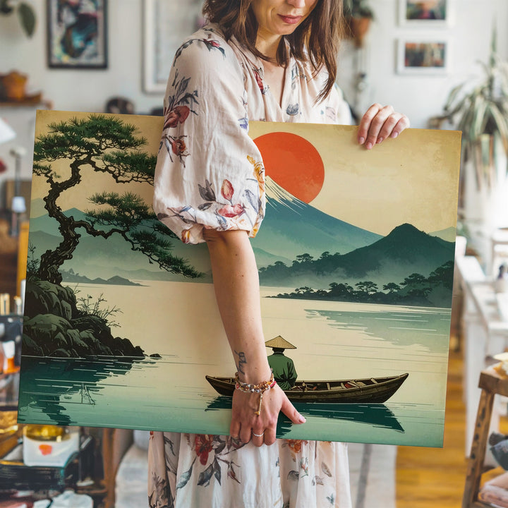 Vintage Fisherman & Fuji Canvas – Japanese Ink-Style Landscape of Solitude & Dawn - Gifitto