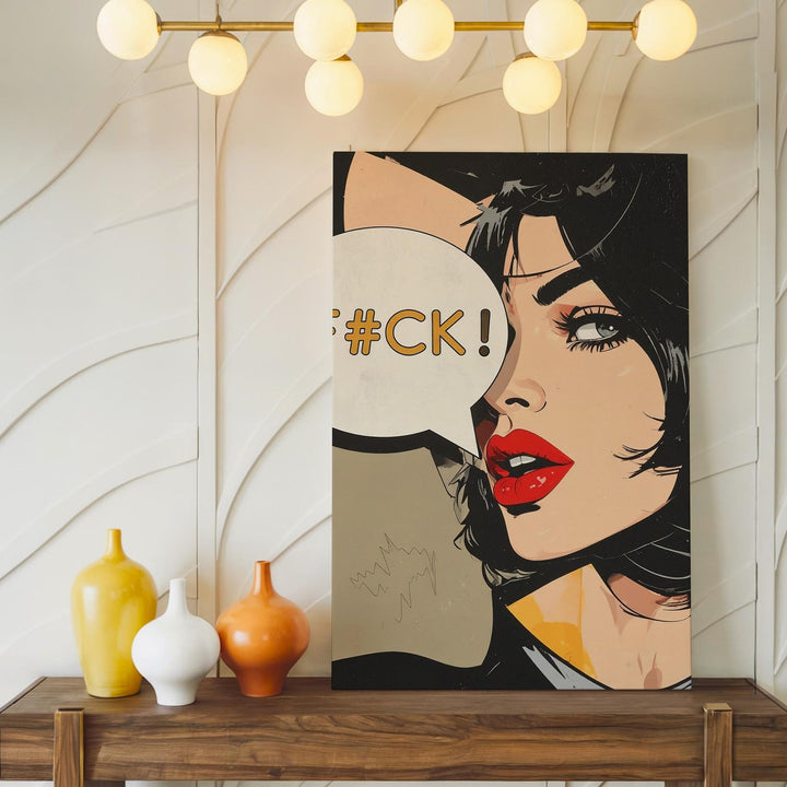Bold Pop Art Canvas – Woman with Red Lips and "F#CK" Speech Bubble - Gifitto