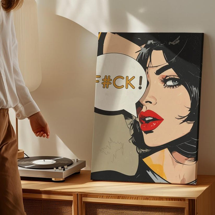 Bold Pop Art Canvas – Woman with Red Lips and "F#CK" Speech Bubble - Gifitto