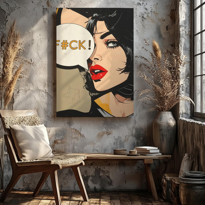 Bold Pop Art Canvas – Woman with Red Lips and "F#CK" Speech Bubble - Gifitto