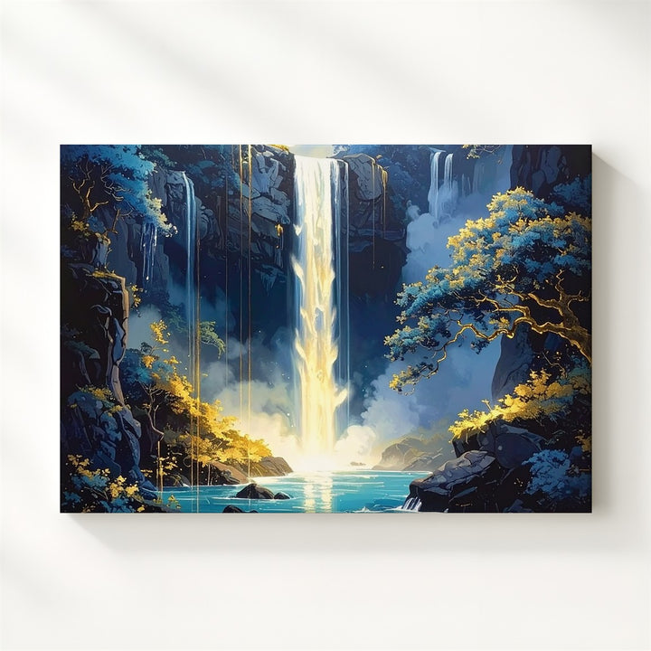 Enchanted Waterfall Canvas – Dreamlike Glow Amid Deep Blue Cliffs & Golden Light - Gifitto