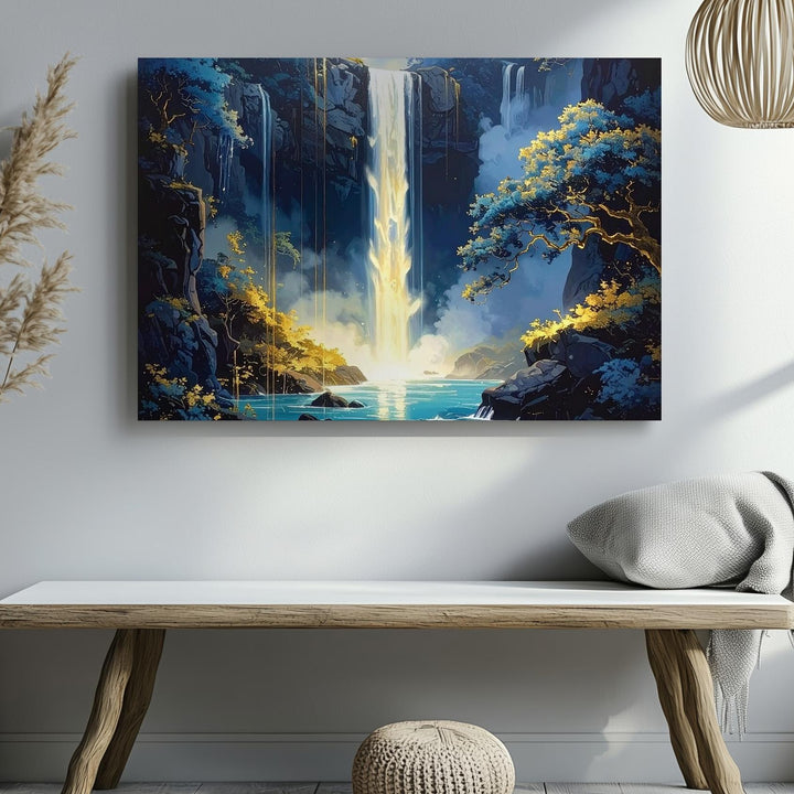 Enchanted Waterfall Canvas – Dreamlike Glow Amid Deep Blue Cliffs & Golden Light - Gifitto