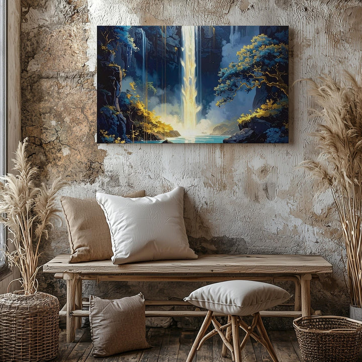 Enchanted Waterfall Canvas – Dreamlike Glow Amid Deep Blue Cliffs & Golden Light - Gifitto