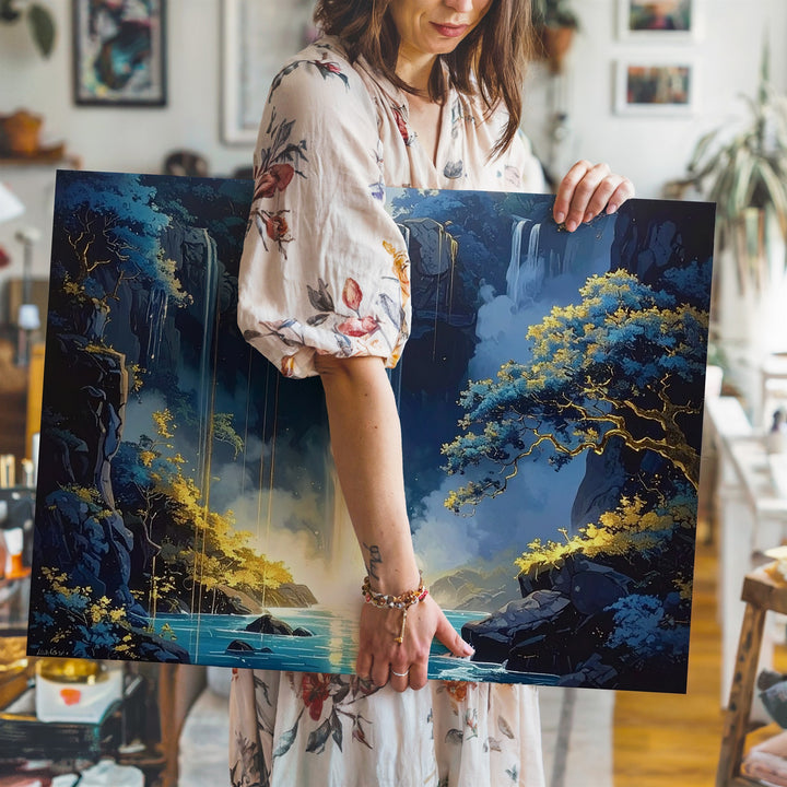 Enchanted Waterfall Canvas – Dreamlike Glow Amid Deep Blue Cliffs & Golden Light - Gifitto