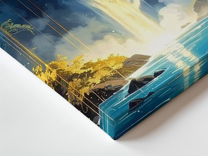 Enchanted Waterfall Canvas – Dreamlike Glow Amid Deep Blue Cliffs & Golden Light - Gifitto