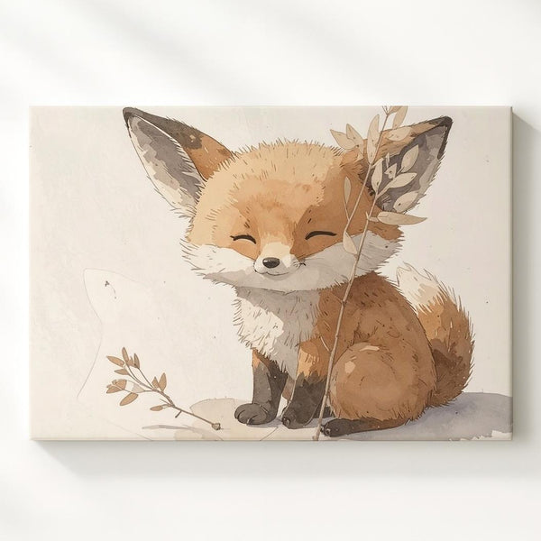 Minimalist Baby Fox with Plant Stem Canvas – Woodland Nursery Wall Art - Gifitto