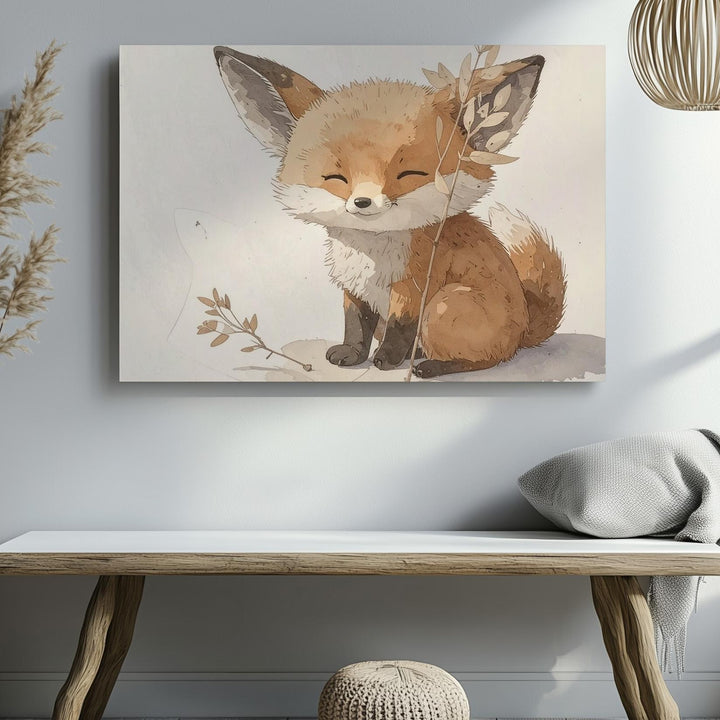 Minimalist Baby Fox with Plant Stem Canvas – Woodland Nursery Wall Art - Gifitto