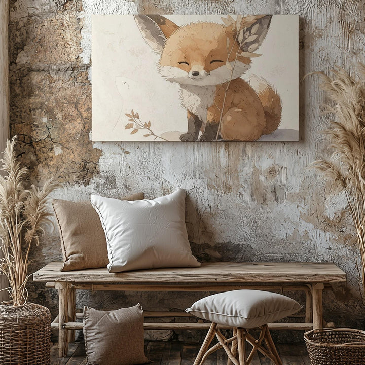 Minimalist Baby Fox with Plant Stem Canvas – Woodland Nursery Wall Art - Gifitto