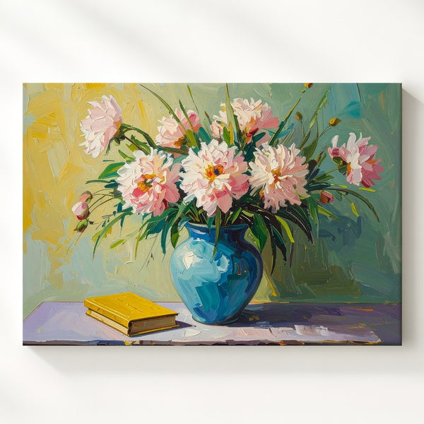 Wild Bloom Still Life Canvas – Impressionist Floral Art with Books & Blue Vase - Gifitto