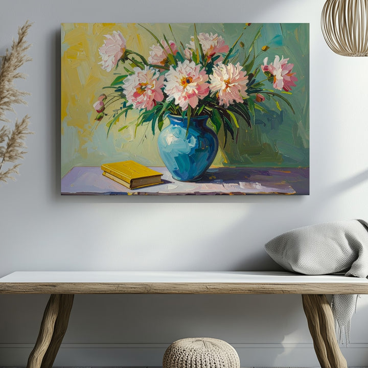 Wild Bloom Still Life Canvas – Impressionist Floral Art with Books & Blue Vase - Gifitto