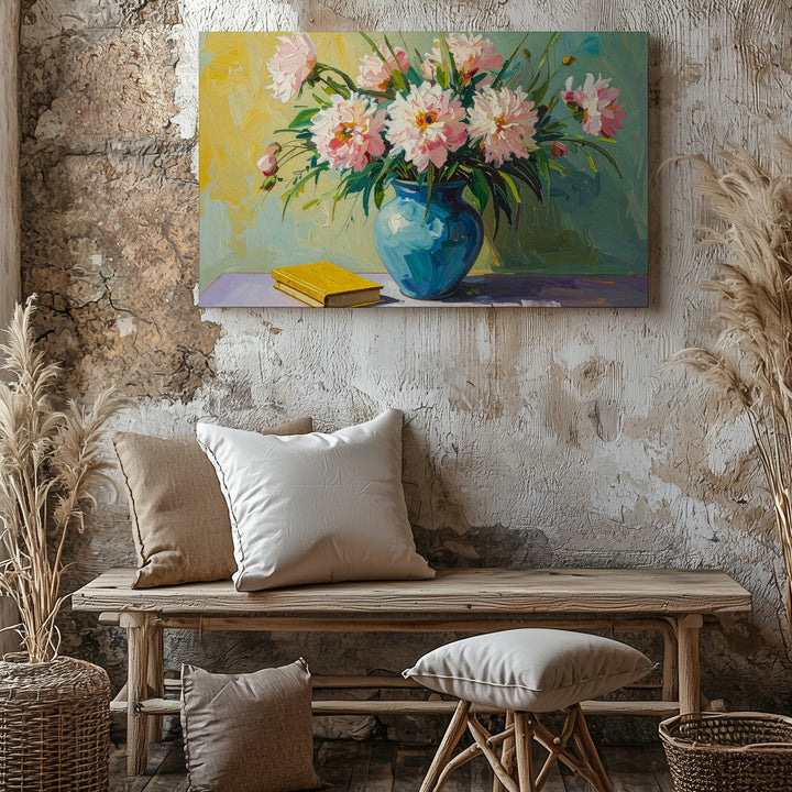Wild Bloom Still Life Canvas – Impressionist Floral Art with Books & Blue Vase - Gifitto