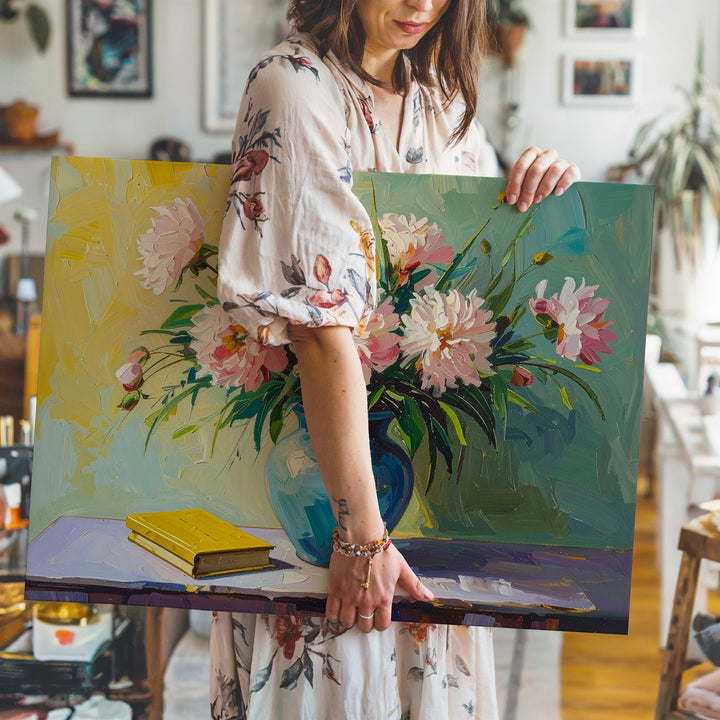 Wild Bloom Still Life Canvas – Impressionist Floral Art with Books & Blue Vase - Gifitto