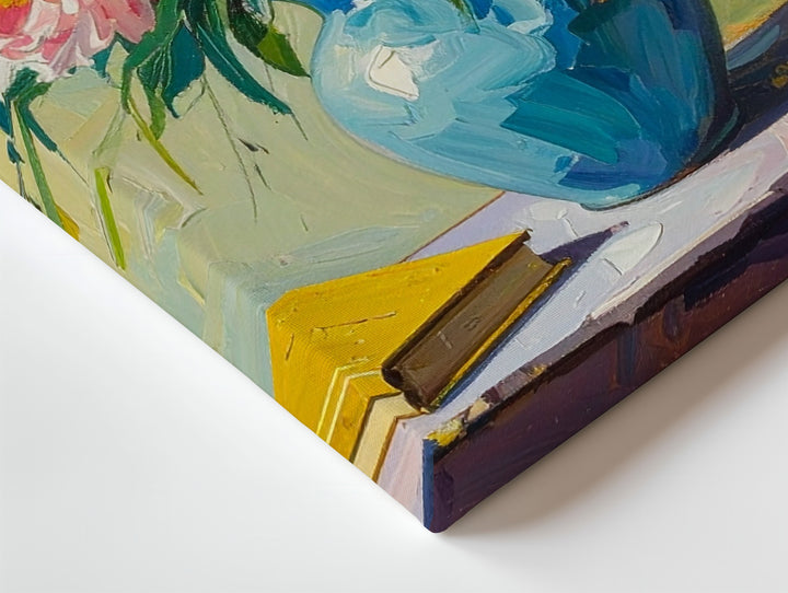 Wild Bloom Still Life Canvas – Impressionist Floral Art with Books & Blue Vase - Gifitto