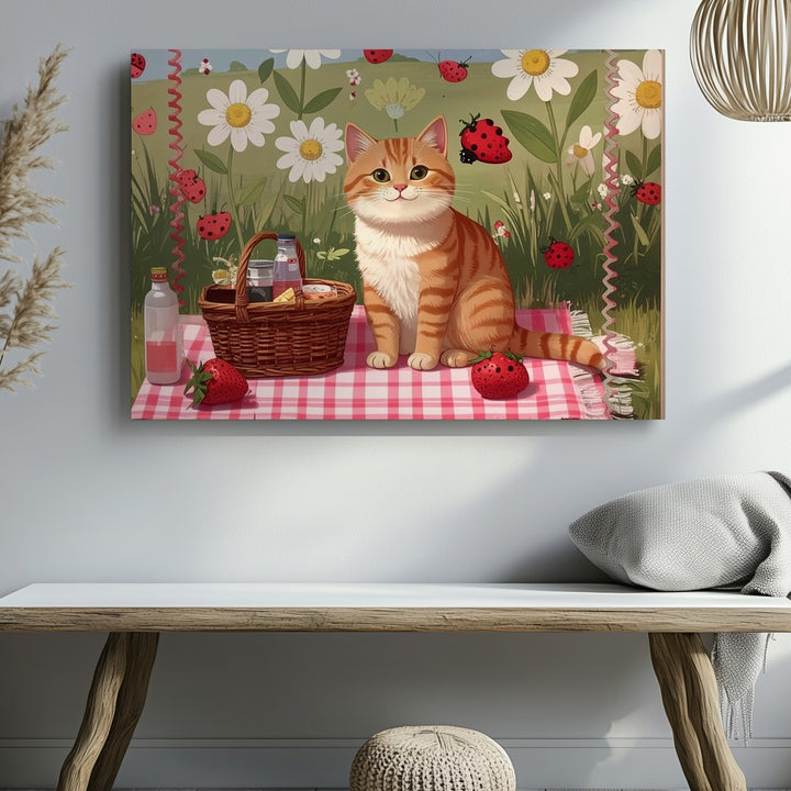 Cheerful Picnic Cat Canvas – Whimsical Summer Art with Daisies & Strawberries - Gifitto