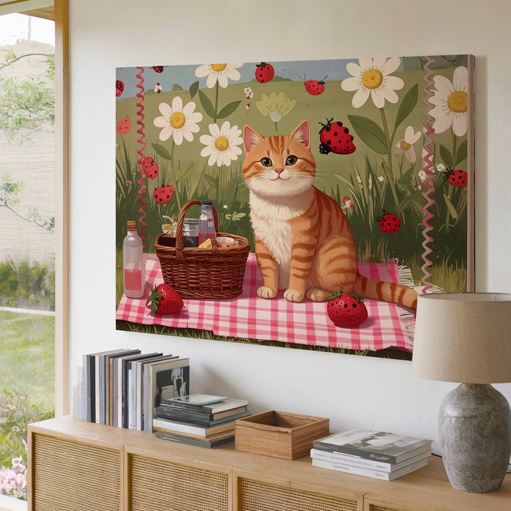 Cheerful Picnic Cat Canvas – Whimsical Summer Art with Daisies & Strawberries - Gifitto