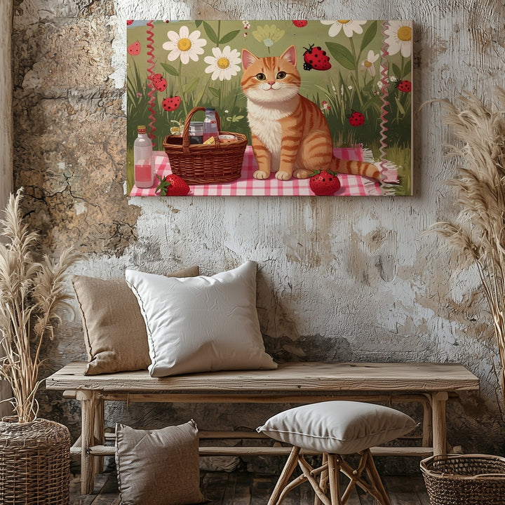 Cheerful Picnic Cat Canvas – Whimsical Summer Art with Daisies & Strawberries - Gifitto