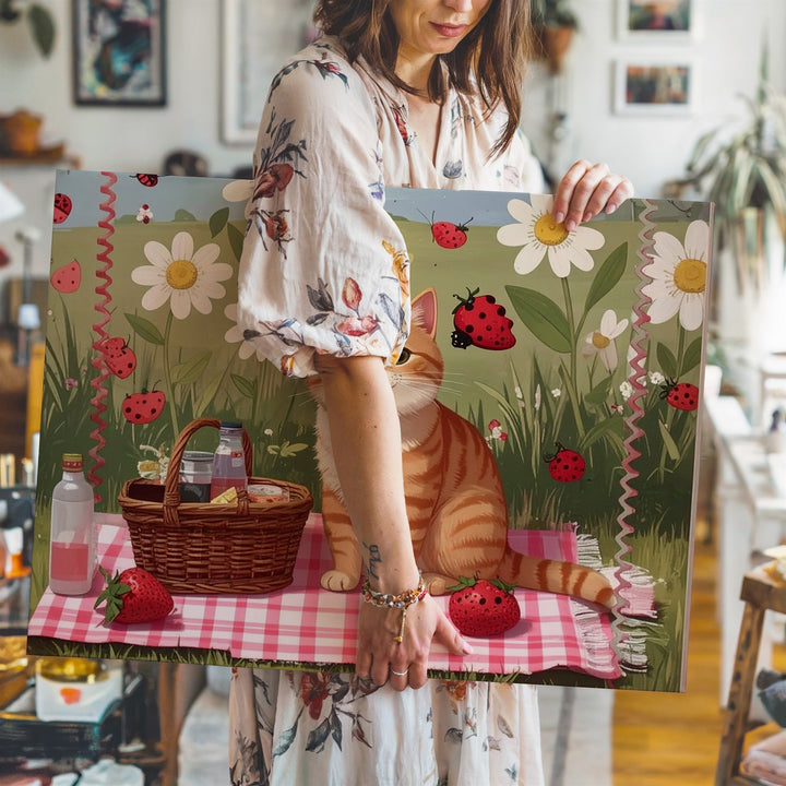 Cheerful Picnic Cat Canvas – Whimsical Summer Art with Daisies & Strawberries - Gifitto