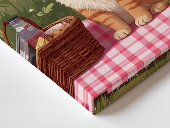 Cheerful Picnic Cat Canvas – Whimsical Summer Art with Daisies & Strawberries - Gifitto