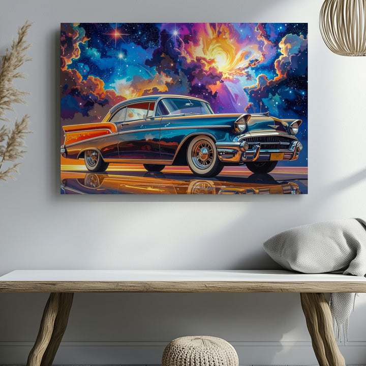 Cosmic Bel Air Canvas – Surreal Retro Car Art Under a Galactic Sky - Gifitto