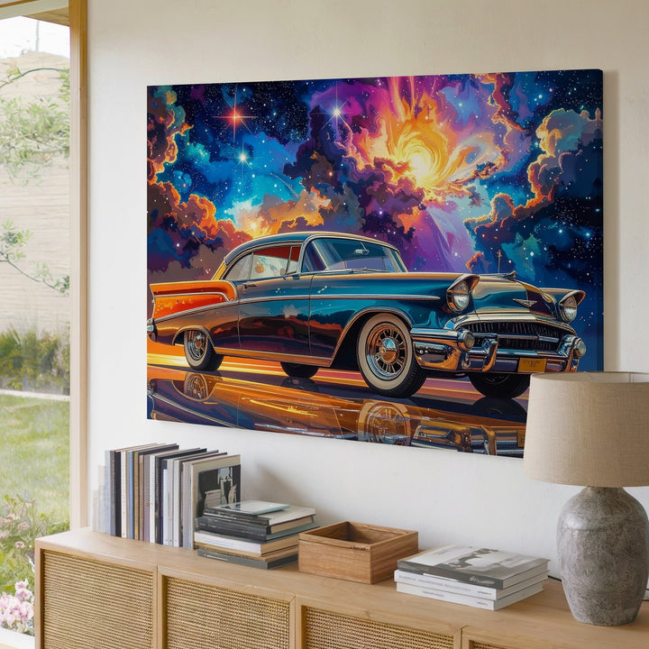 Cosmic Bel Air Canvas – Surreal Retro Car Art Under a Galactic Sky - Gifitto