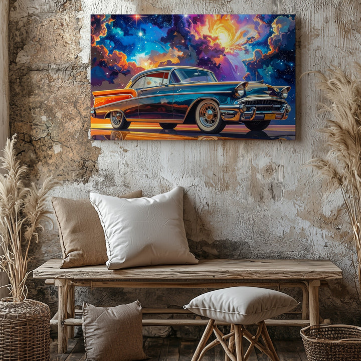 Cosmic Bel Air Canvas – Surreal Retro Car Art Under a Galactic Sky - Gifitto