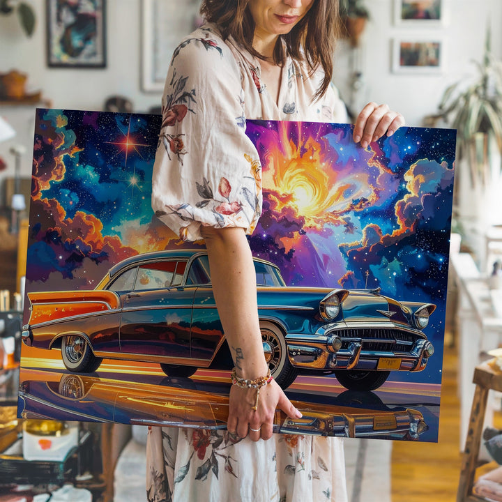 Cosmic Bel Air Canvas – Surreal Retro Car Art Under a Galactic Sky - Gifitto