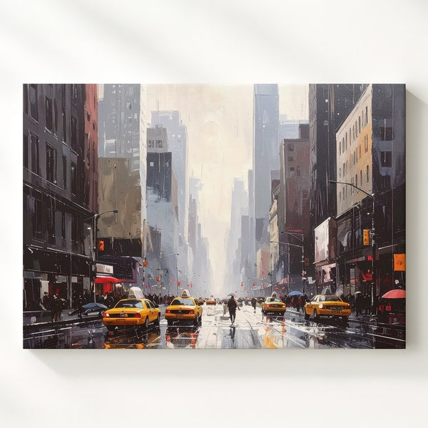 Monochrome Rain City Canvas – Yellow Taxi Contrast Urban Wall Art - Gifitto