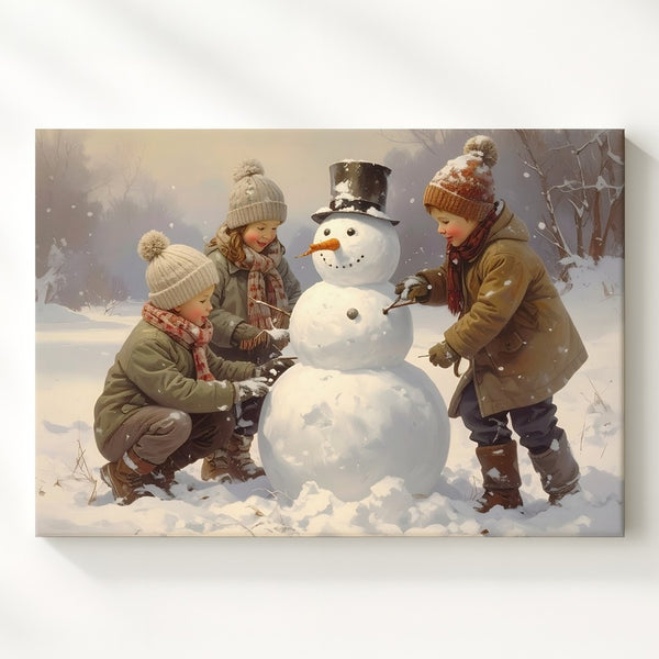 Snowman Moments Canvas – Wholesome Winter Scene with Children Playing - Gifitto