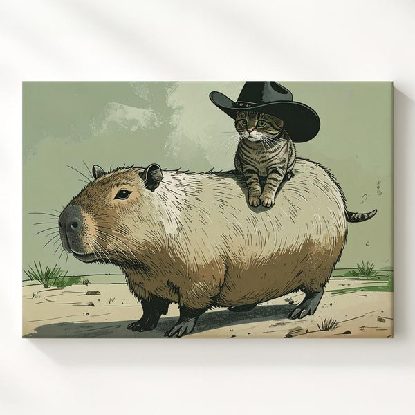 Cowboy Cat & Capybara Canvas – Whimsical Western Animal Adventure Art - Gifitto
