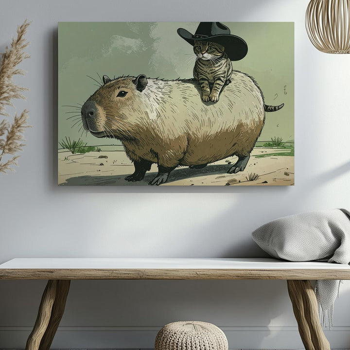 Cowboy Cat & Capybara Canvas – Whimsical Western Animal Adventure Art - Gifitto