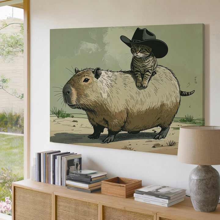 Cowboy Cat & Capybara Canvas – Whimsical Western Animal Adventure Art - Gifitto