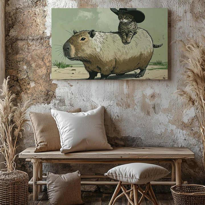 Cowboy Cat & Capybara Canvas – Whimsical Western Animal Adventure Art - Gifitto