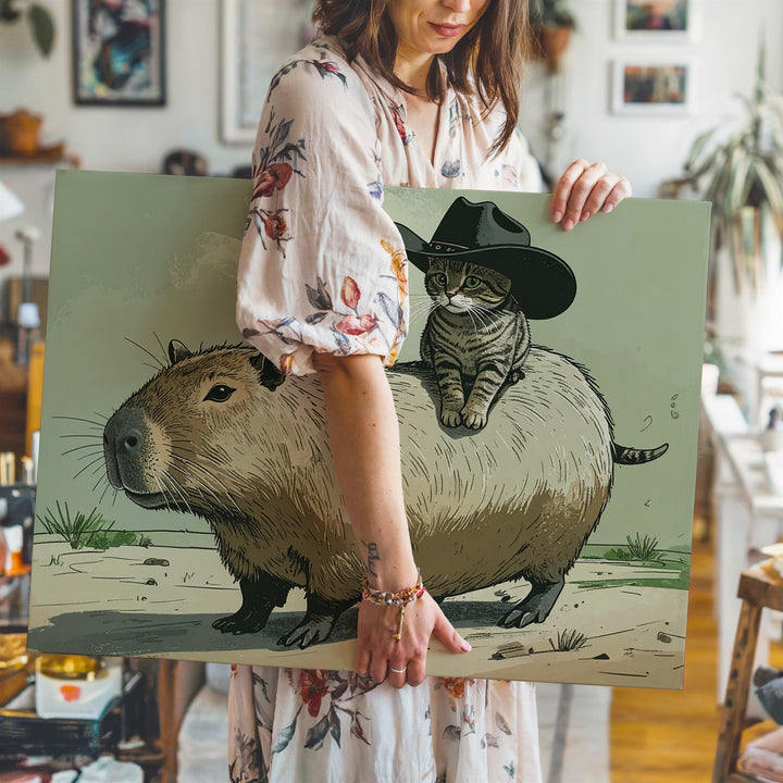 Cowboy Cat & Capybara Canvas – Whimsical Western Animal Adventure Art - Gifitto