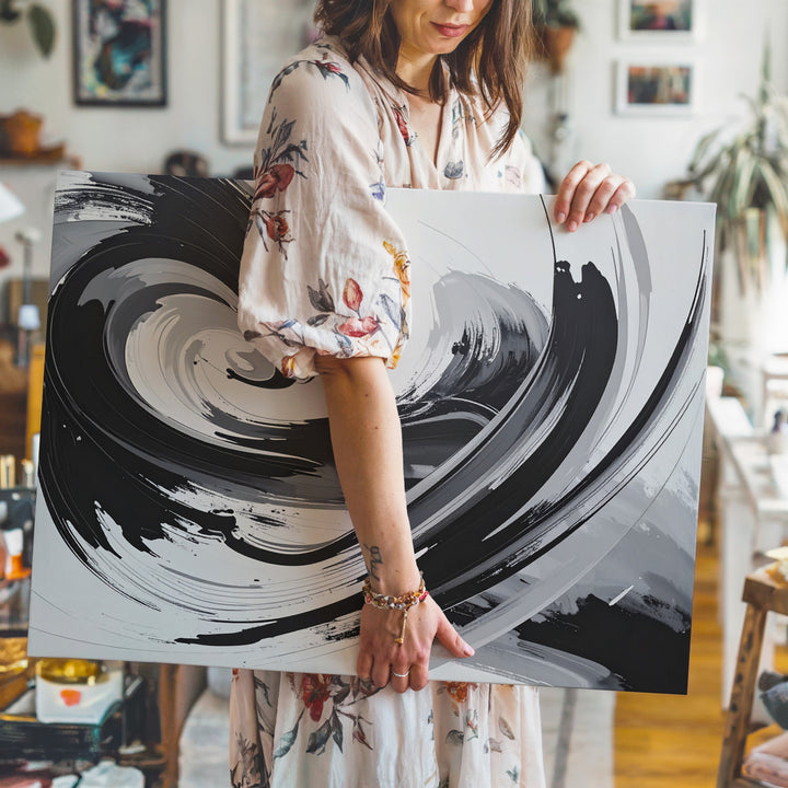 Monochrome Flow Canvas – Modern Dynamic Brushstroke Abstract Art - Gifitto