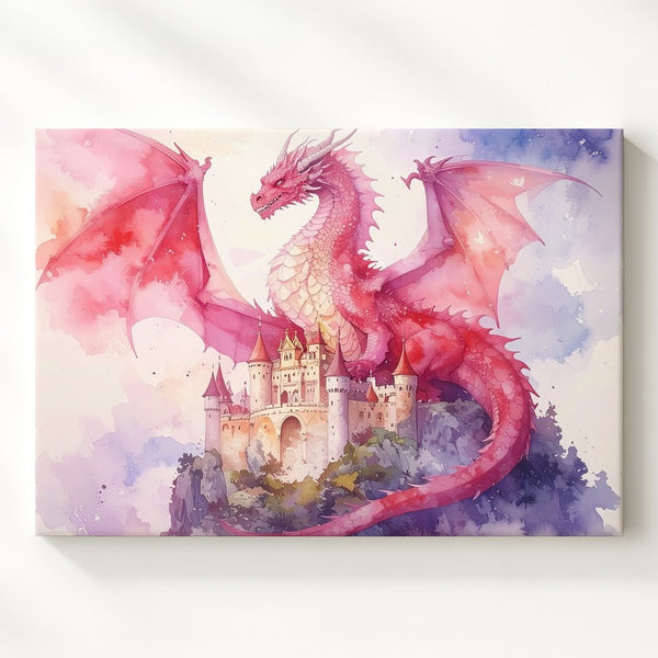 Watercolor Dragon & Castle Canvas – Whimsical Fantasy Wall Art - Gifitto