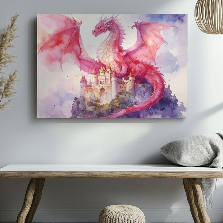 Watercolor Dragon & Castle Canvas – Whimsical Fantasy Wall Art - Gifitto
